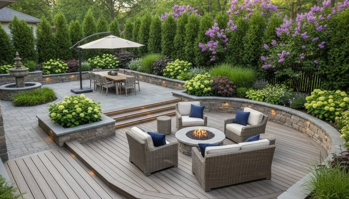 Backyard patio landscaping with seating and lighting in St Paul MN by Chop Chop Landscaping