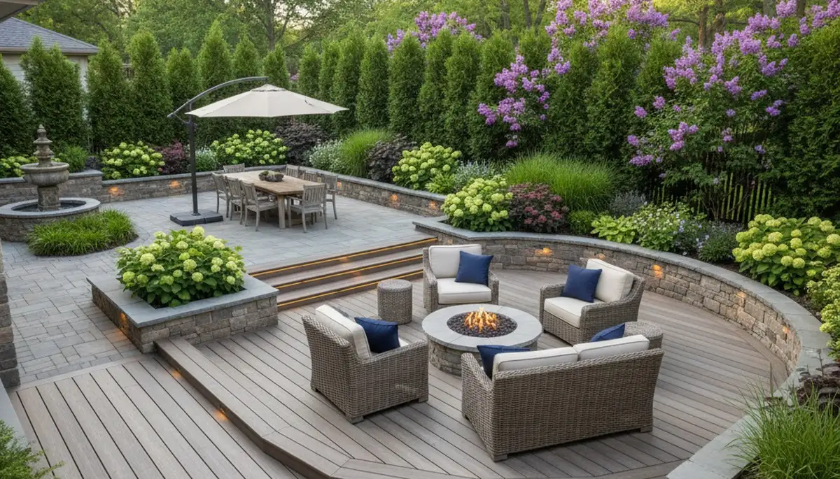 Backyard patio landscaping with seating and lighting in St Paul MN by Chop Chop Landscaping