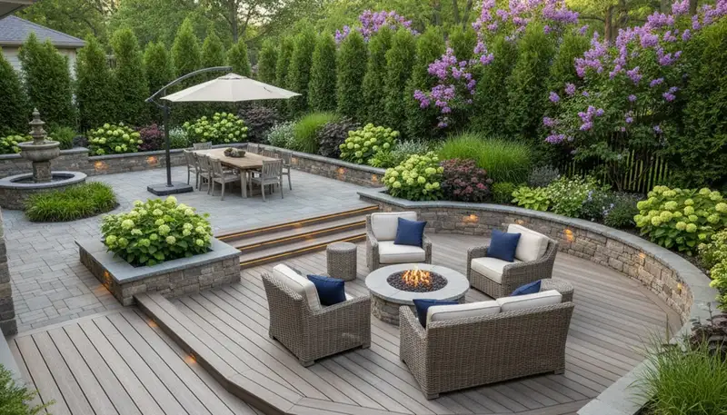 Backyard patio landscaping with seating and lighting in St Paul MN by Chop Chop Landscaping