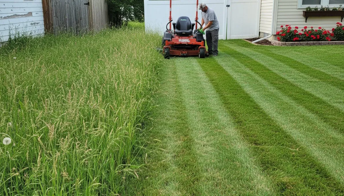 Before and after lawn mowing transformation by Chop Chop Landscaping in St Paul, MN