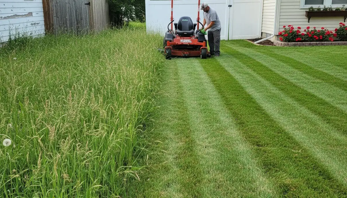 Before and after lawn mowing transformation by Chop Chop Landscaping in St Paul, MN