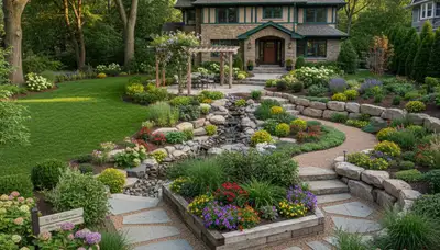 Residential landscape design with flower beds, shrubs, and lawn by Chop Chop Landscaping in St Paul, MN