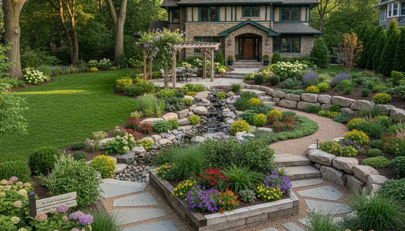 Residential landscape design with flower beds, shrubs, and lawn by Chop Chop Landscaping in St Paul, MN