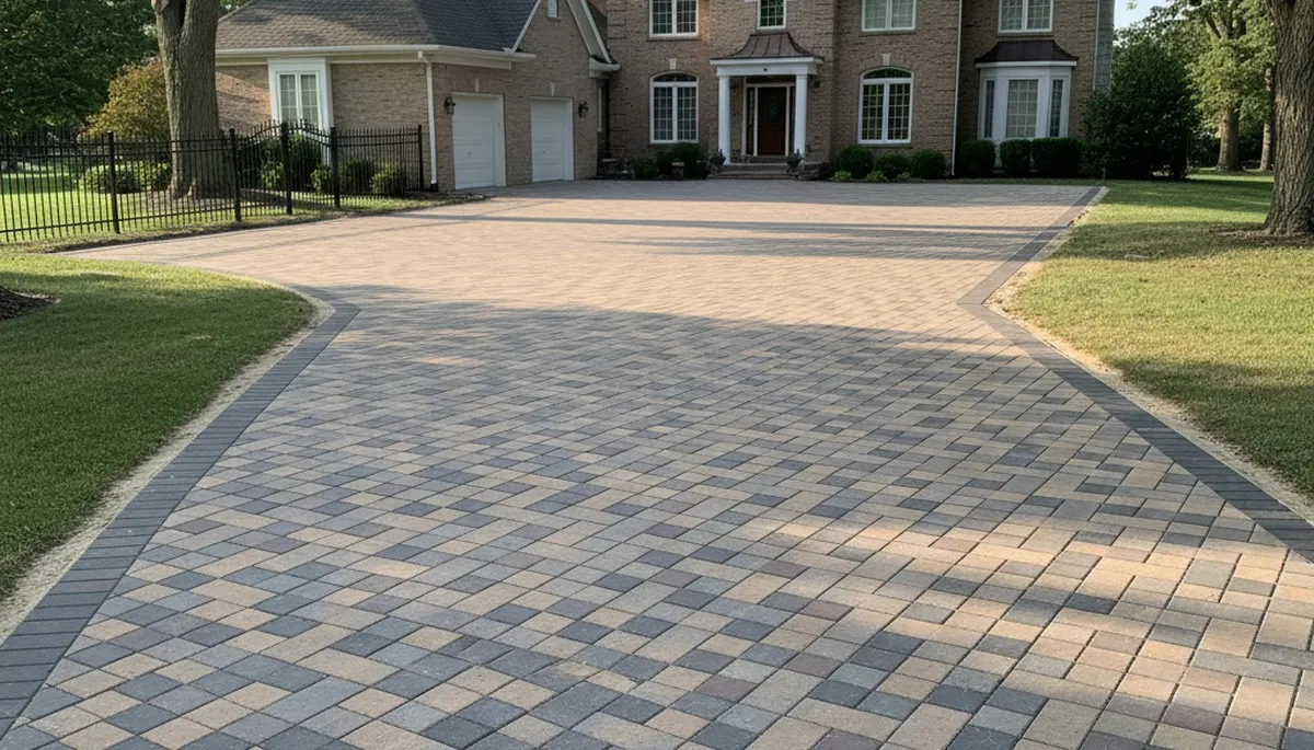 Interlocking paver driveway installation with clean lines and color variation in St Paul, MN landscaping