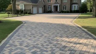 Interlocking paver driveway installation with clean lines and color variation in St Paul, MN landscaping