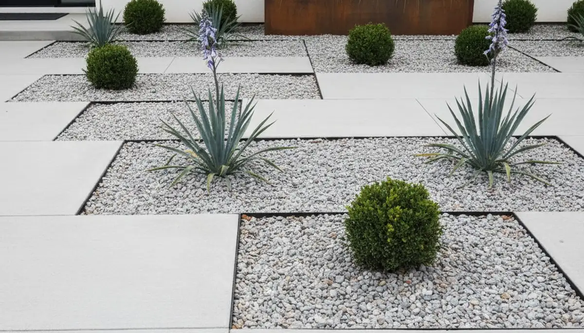 Modern pea gravel landscape with geometric lines and architectural plants in St Paul MN yard