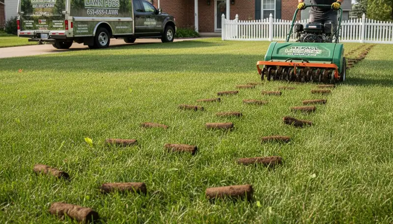 Professional core aeration on St Paul MN lawn showing soil plugs for healthy turf by Chop Chop Landscaping