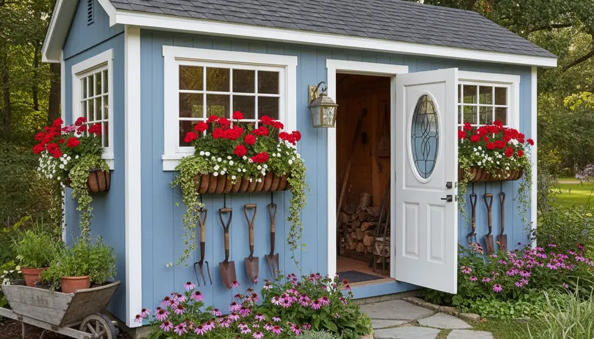 Decorative garden shed installation with custom landscaping in St Paul, MN residential backyard