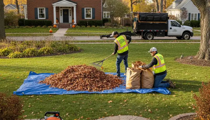 Technicians raking and bagging fall leaves during residential yard cleanup in St Paul, MN