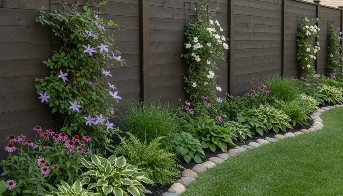 Wood fence with integrated landscape beds and climbing plants in St Paul, MN by Chop Chop Landscaping