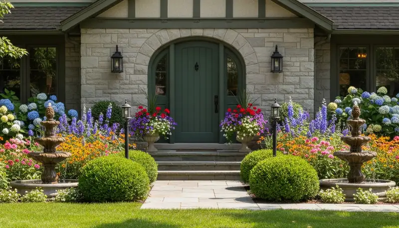 Front yard landscape design with colorful plants and evergreens in St Paul, MN by Chop Chop Landscaping