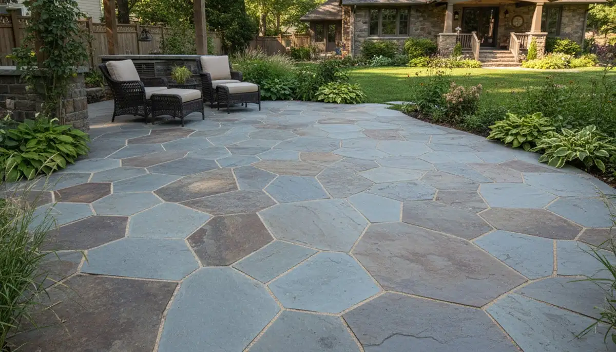 Furnished stone patio with outdoor seating by Chop Chop Landscaping in St Paul, MN