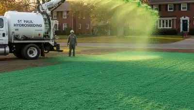 Professional hydroseeder truck spraying green slurry lawn in St Paul MN for Chop Chop Landscaping