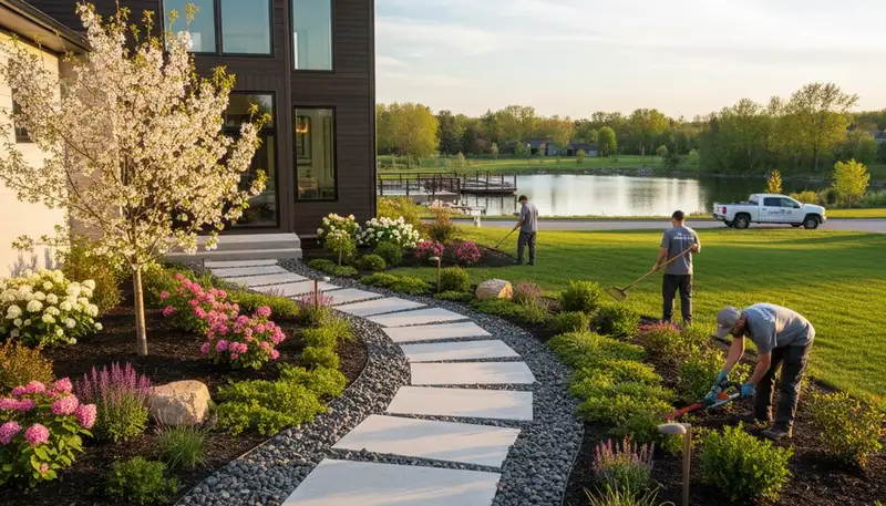 Landscaping crew providing yard maintenance services in St Paul, MN