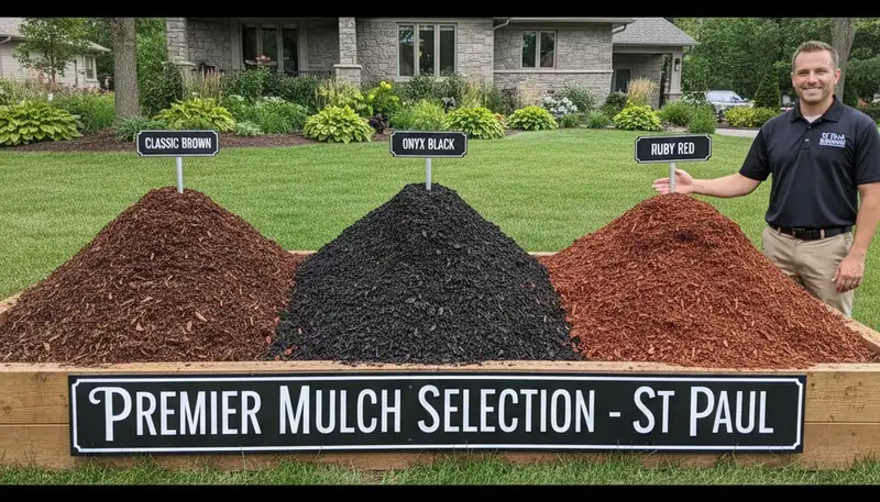 Mulch color variety display with brown, black, and red options for St Paul, MN landscaping projects