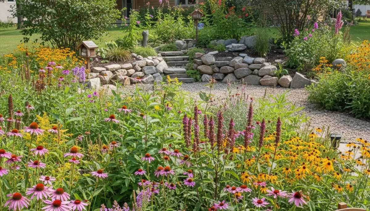 Vibrant native pollinator garden with organic landscaping in St Paul MN supporting bees and butterflies