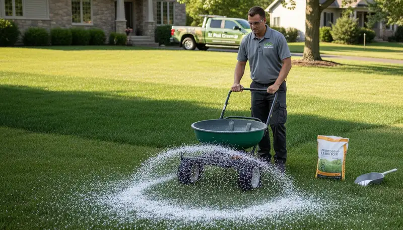 Lawn care technician applying fertilizer with spreader on residential lawn in St Paul, MN