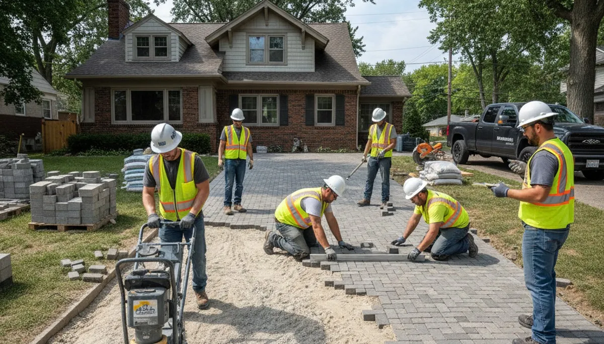 Professional landscapers installing driveway pavers in St Paul, MN with precise base and leveling work