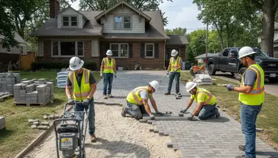 Professional landscapers installing driveway pavers in St Paul, MN with precise base and leveling work