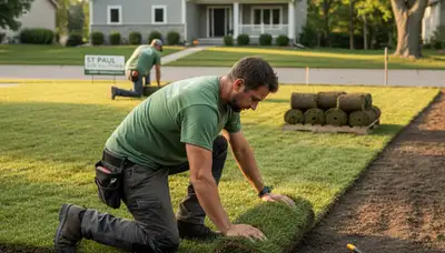 Professional landscaper laying sod with precise seams during lawn installation in St Paul, MN
