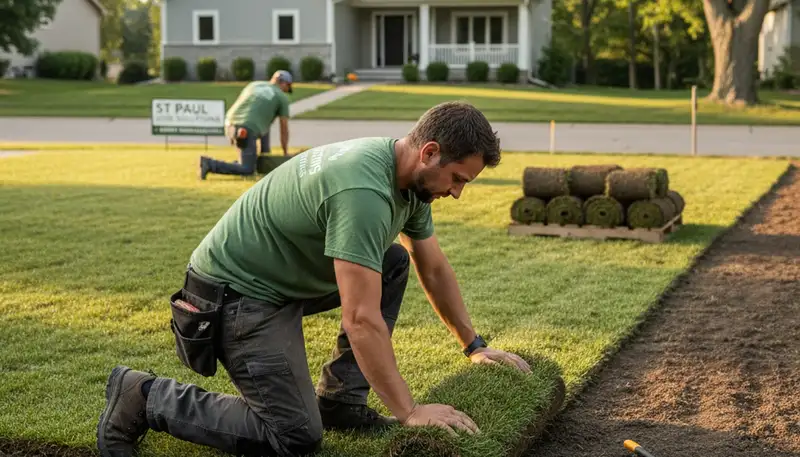 Professional landscaper laying sod with precise seams during lawn installation in St Paul, MN