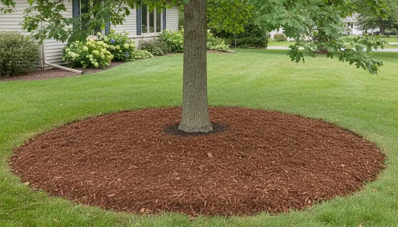 Professional tree ring mulching around healthy tree base in St Paul, MN landscaping by Chop Chop Landscaping