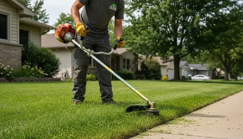 Technician edging lawn borders with string trimmer for precise lawn care in St Paul, MN