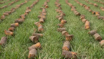 Close-up soil core plugs from lawn aeration in St Paul, MN by Chop Chop Landscaping