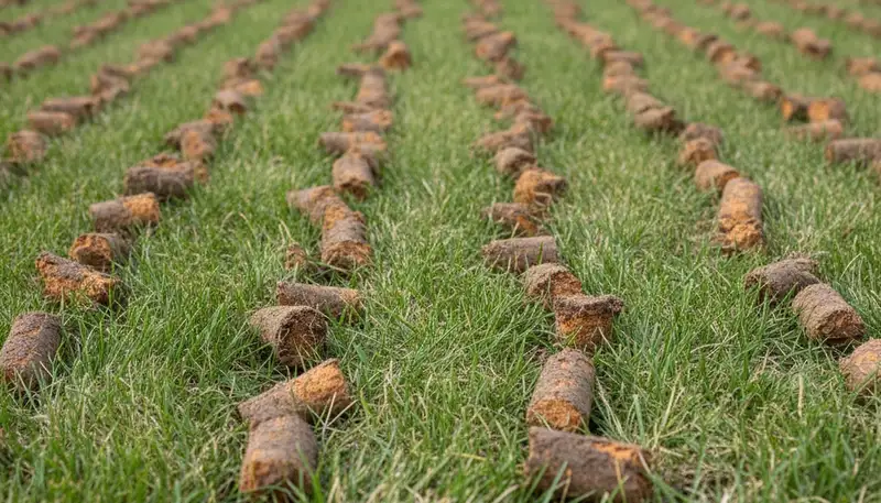Close-up soil core plugs from lawn aeration in St Paul, MN by Chop Chop Landscaping