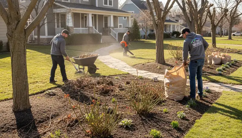 Spring yard cleanup and garden bed prep by professional landscapers in St Paul, MN