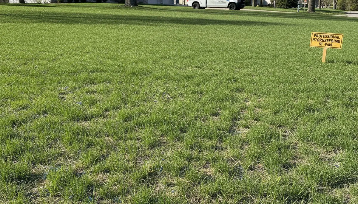 Hydroseeding grass germination showing vibrant new lawn growth by landscaping experts in St Paul, MN