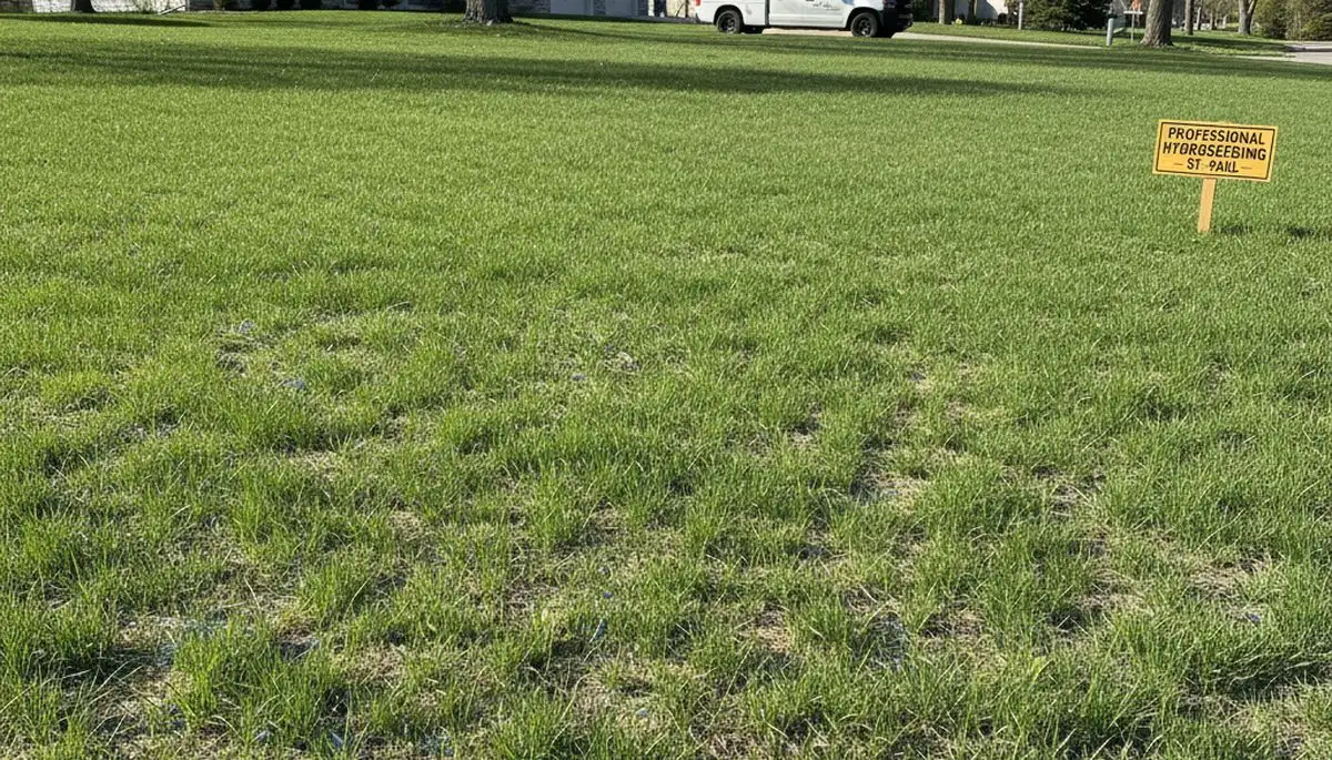 Hydroseeding grass germination showing vibrant new lawn growth by landscaping experts in St Paul, MN