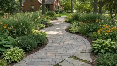 Curved stone paver walkway in St Paul MN landscape by Chop Chop Landscaping showcasing expert installation