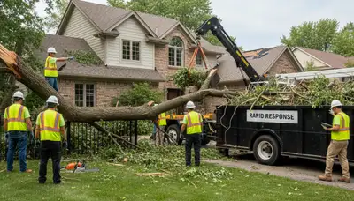 Landscapers clearing storm debris from St Paul MN yard after storm damage cleanup by Chop Chop Landscaping