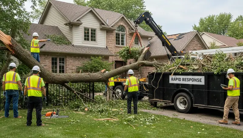 Landscapers clearing storm debris from St Paul MN yard after storm damage cleanup by Chop Chop Landscaping