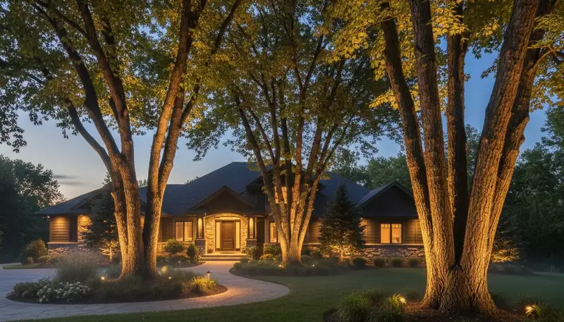 Mature trees uplighted with professional landscape lighting at night in St Paul, MN property